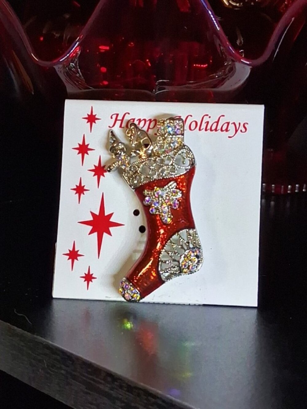 Vintage Kmart Red Enamel Rhinestone Christmas Holiday Stocking NOS Brooch Pin